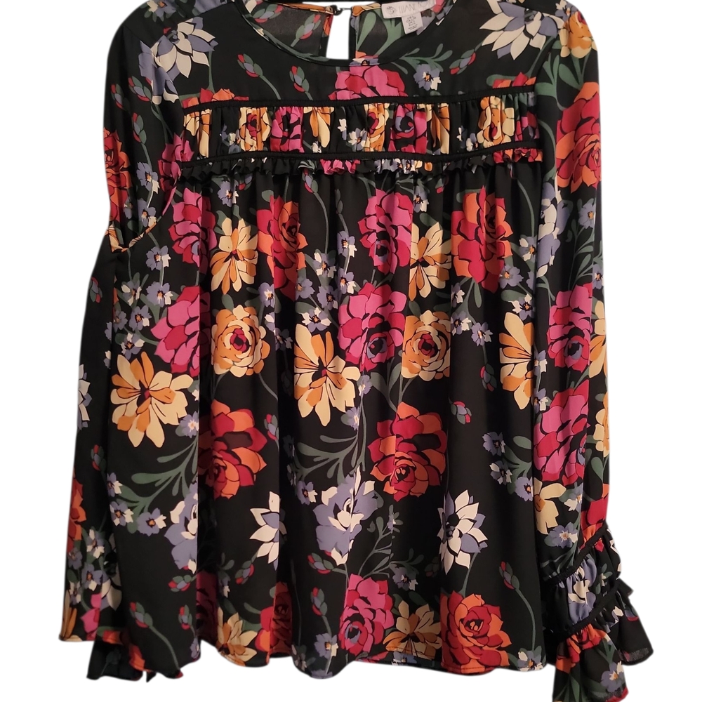 Elaine Rose Floral Print Black Ruffled Blouse Ribnon Trim And Button Back